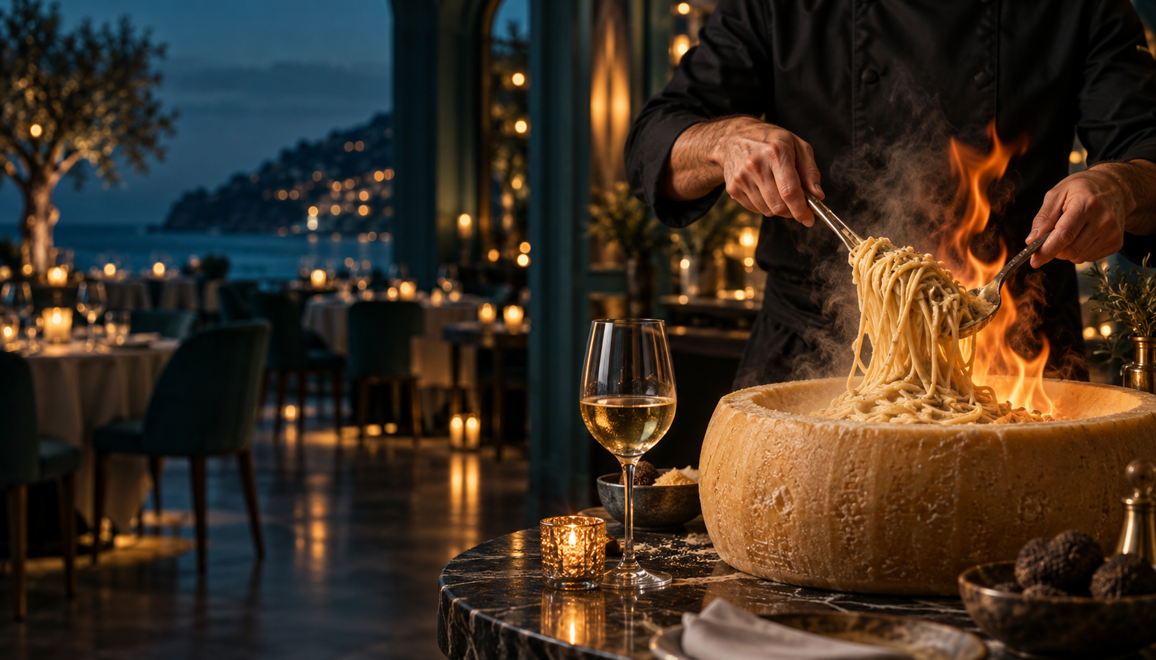 Pasta prepared tableside in a Parmesan wheel