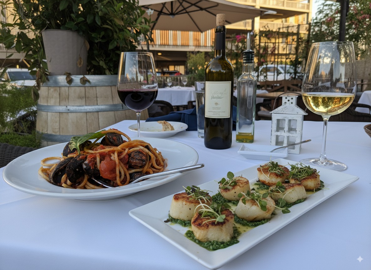 Scallops, seafood pasta, and wine on the Acqua Di Mare patio